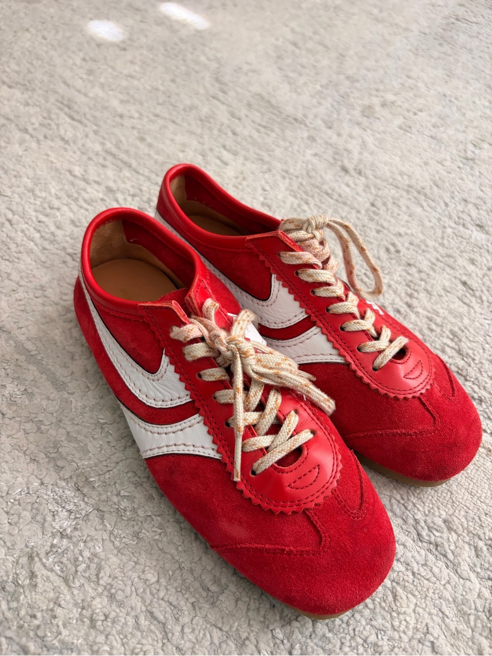 Dries Van Noten Red Suede Sneakers with White Leather Stripe
